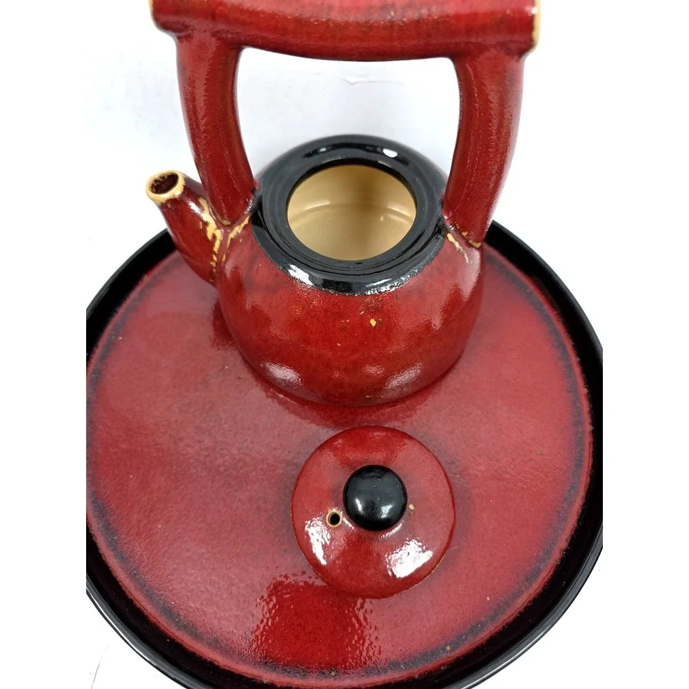 Vtg Pier 1‎ Shanghai Teapot Set 7 piece Earthenware Reddish Brown Black Tan